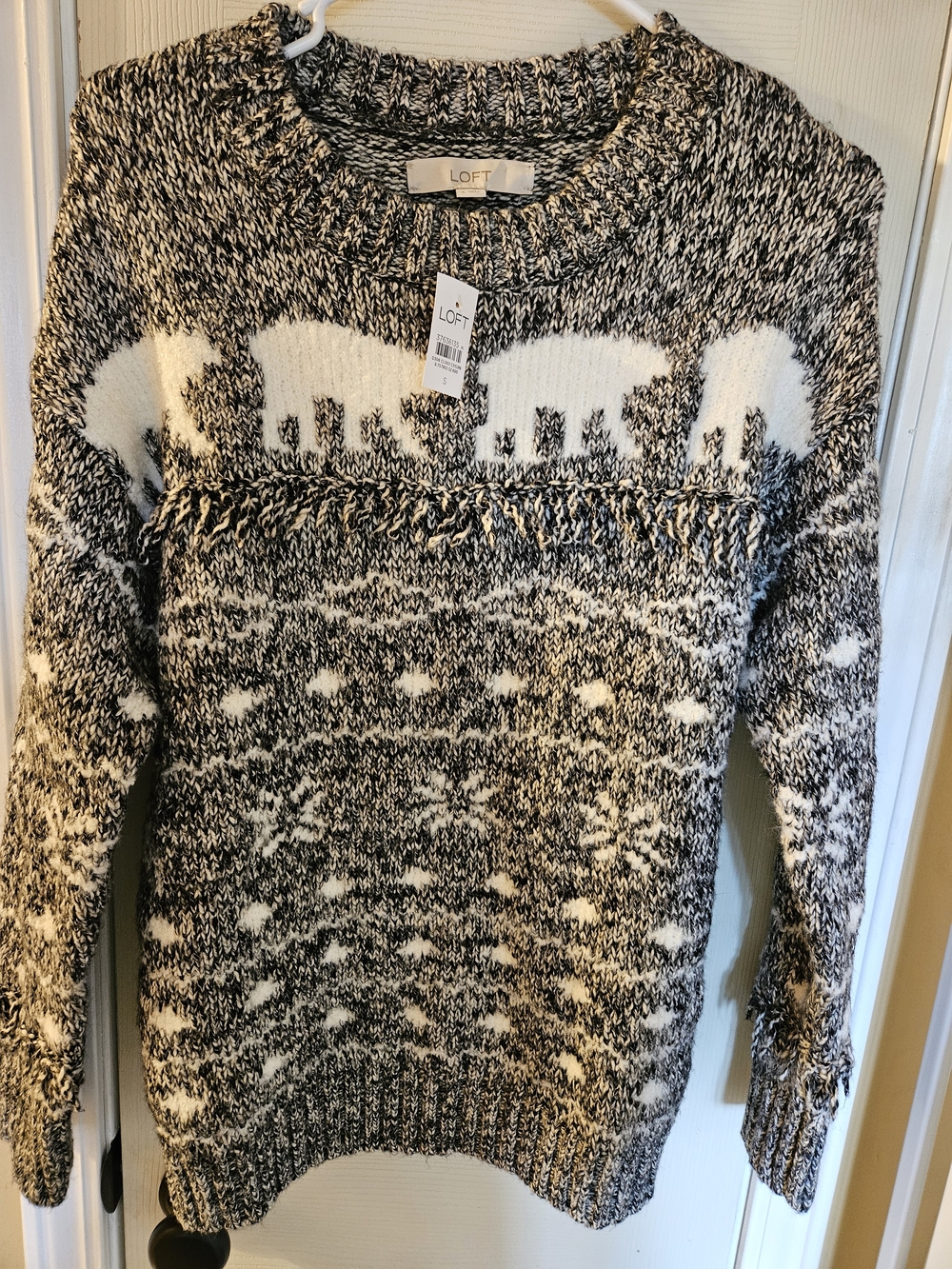 LOFT Black and White Marled Fair Isle Crewneck Sweater